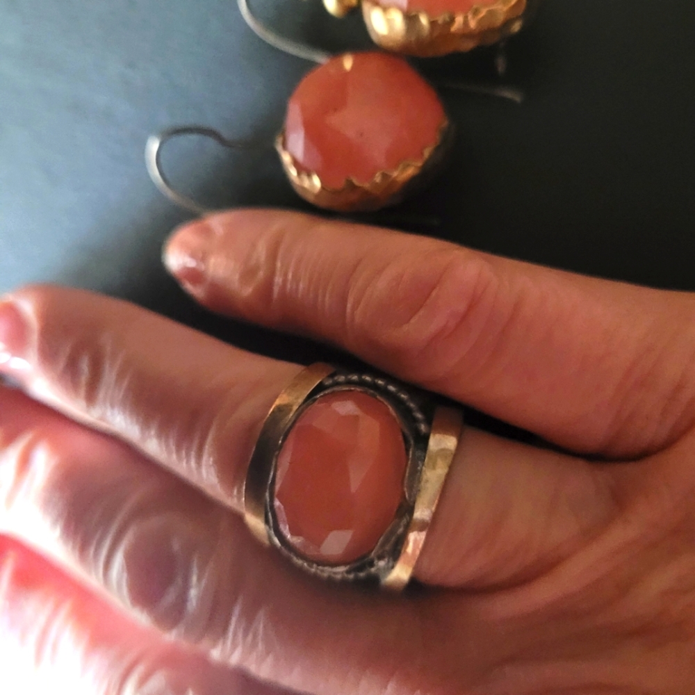 Rose quartz earrings and ring set 925 sterling silver